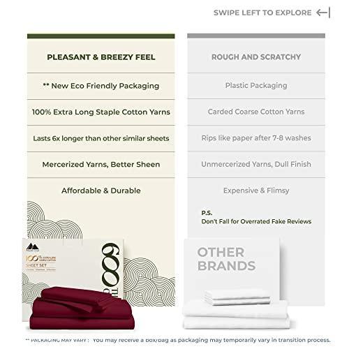 Mayfair Linen 600 TC Queen Size Sheet Set - Cotton Sheets - Silky Soft Like Egyptian Cotton - Fits Mattress Upto 16'' DEEP Pocket, Sateen Weave 4Pc Bed Sheets - Hotel Quality Cotton Sheets (Burgundy) - SHOP NO2CO2