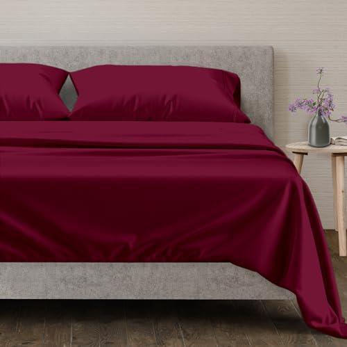 Mayfair Linen 600 TC Queen Size Sheet Set - Cotton Sheets - Silky Soft Like Egyptian Cotton - Fits Mattress Upto 16'' DEEP Pocket, Sateen Weave 4Pc Bed Sheets - Hotel Quality Cotton Sheets (Burgundy) - SHOP NO2CO2