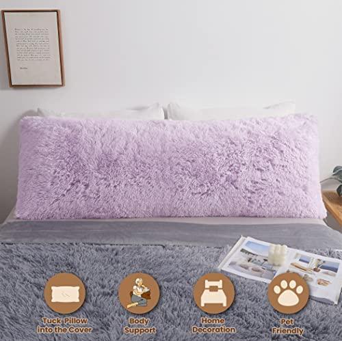 MEGO Fluffy Body Pillow Cover, 20x54 Shaggy Faux Fur Body Pillow Case, Comfy Plush Fuzzy Body Pillowcase, Furry Long Throw Bed Pillow Cover with Zipper for Women Side Sleeper Lavender Light Purple - SHOP NO2CO2