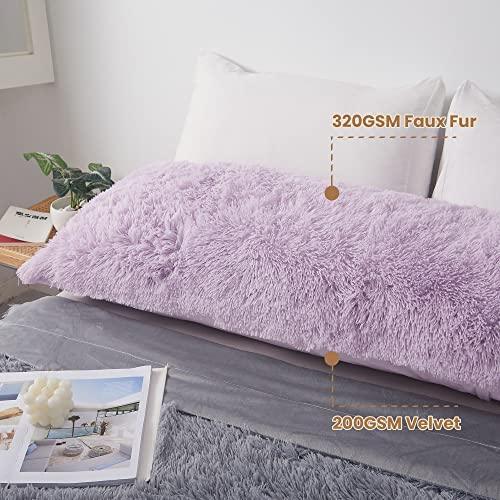 MEGO Fluffy Body Pillow Cover, 20x54 Shaggy Faux Fur Body Pillow Case, Comfy Plush Fuzzy Body Pillowcase, Furry Long Throw Bed Pillow Cover with Zipper for Women Side Sleeper Lavender Light Purple - SHOP NO2CO2