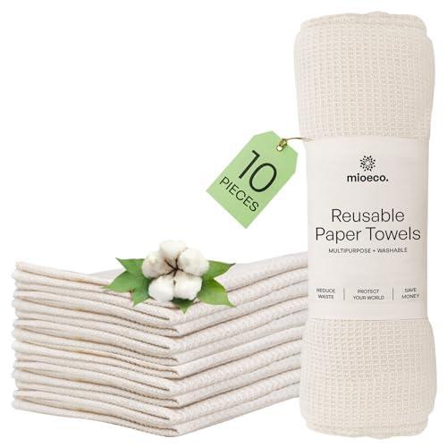 mioeco 10 Pack Kitchen Paper Towels Washable - Super Absorbent Natural Paper Towels - Natural Cotton - Reusable, Paperless Kitchen Dish Cloths - 100% Organic Cotton Dish Towels - SHOP NO2CO2