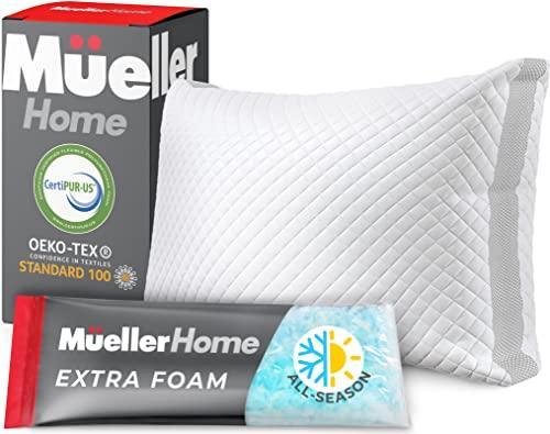 Mueller Gel Memory Foam Pillows, Queen Size, Hypoallergenic Cooling Pillow with Washable Bamboo Cover, Adjustable Firmness - Ideal Loft Stomach, Back, Side Sleeper Pillow - CertiPUR-US Certified - SHOP NO2CO2