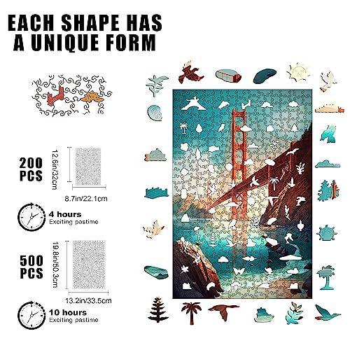 Mys Aurora Wooden Jigsaw Puzzles, Golden Gate Bridge 200 Piece Wooden Puzzles in San Francisco, Unique Shaped Wooden Puzzle for Adults and Kids Toy Game 8.7 x 12.6 Inch - SHOP NO2CO2