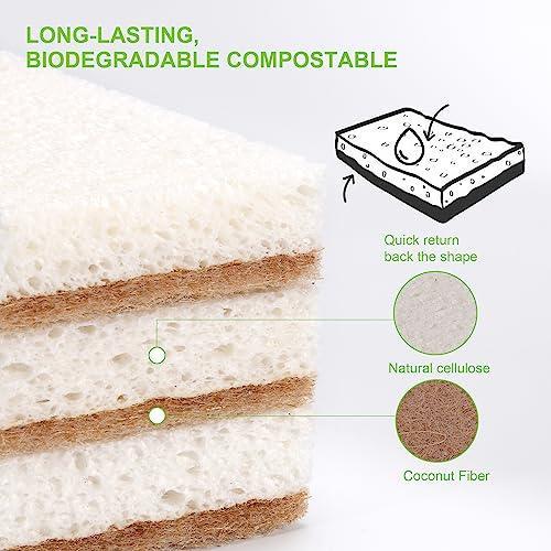 Natural Sponges for Dishes 12 Pack - Biodegradable Sponges Kitchen Compostable Cellulose Eco Friendly Coconut Scrubbers for Household Cleaning - SHOP NO2CO2