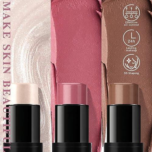 NewBang 3 Pcs Cream Blush Contour Highlighter Stick for Cheeks Eyes Lips Lightweight Dewy Finish Blush Stick Waterproof Long Lasting Contour Stick Trio Wand Face Makeup Set for Girls and Women (2+5+6) - SHOP NO2CO2