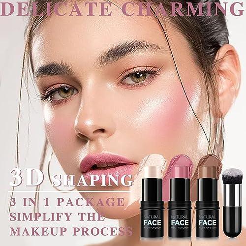 NewBang 3 Pcs Cream Blush Contour Highlighter Stick for Cheeks Eyes Lips Lightweight Dewy Finish Blush Stick Waterproof Long Lasting Contour Stick Trio Wand Face Makeup Set for Girls and Women (2+5+6) - SHOP NO2CO2