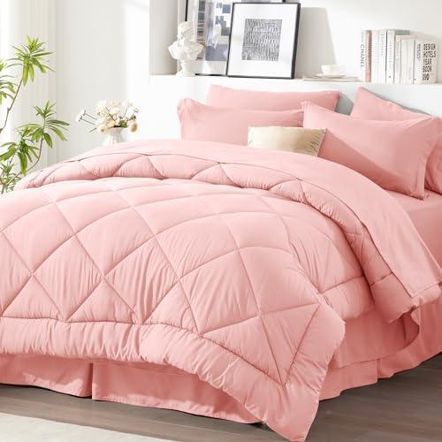 Newspin Full Bed in a Bag 8 Pieces Comforter Set, Pink All Season Bed Set, Full Bedding Sets with Comforter and Sheets, Pillow Shams, Flat Sheet, Fitted Sheet, Pillowcases and Bed Skirt - SHOP NO2CO2