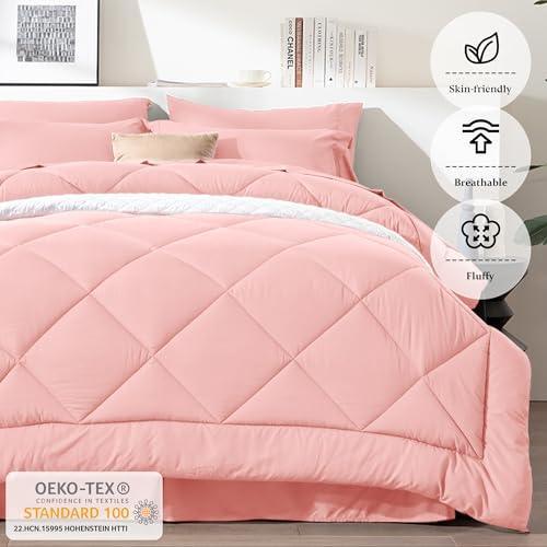 Newspin Full Bed in a Bag 8 Pieces Comforter Set, Pink All Season Bed Set, Full Bedding Sets with Comforter and Sheets, Pillow Shams, Flat Sheet, Fitted Sheet, Pillowcases and Bed Skirt - SHOP NO2CO2