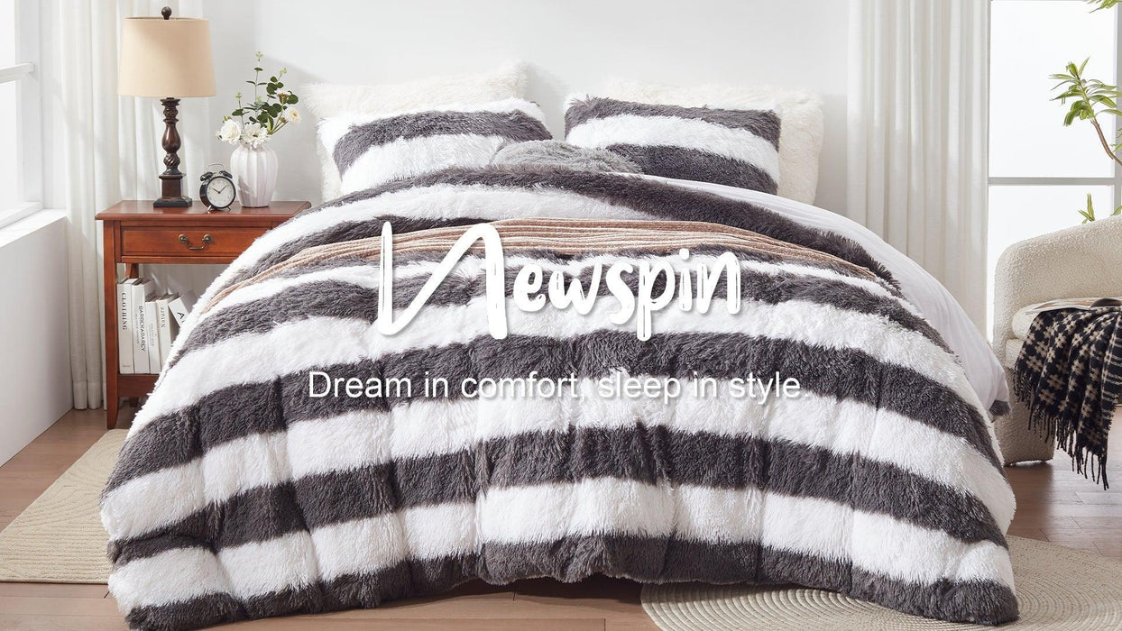 Newspin Plush Shaggy Duvet Cover Queen,Fluffy Duvet Cover Set, Luxury Ultra Soft Crystal Velvet Bedding Sets 3 pcs(1 Faux Fur Duvet Cover + 2 Pillow Shams) with Zipper Closure(Queen,Navy Blue Striped) - SHOP NO2CO2