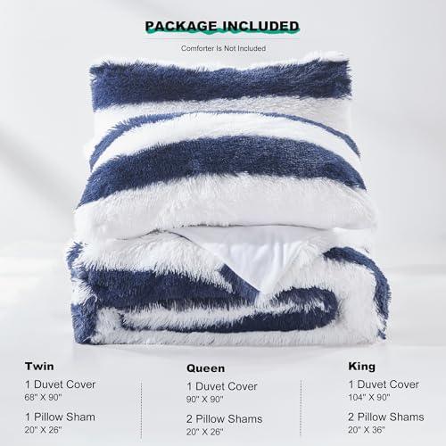 Newspin Plush Shaggy Duvet Cover Queen,Fluffy Duvet Cover Set, Luxury Ultra Soft Crystal Velvet Bedding Sets 3 pcs(1 Faux Fur Duvet Cover + 2 Pillow Shams) with Zipper Closure(Queen,Navy Blue Striped) - SHOP NO2CO2