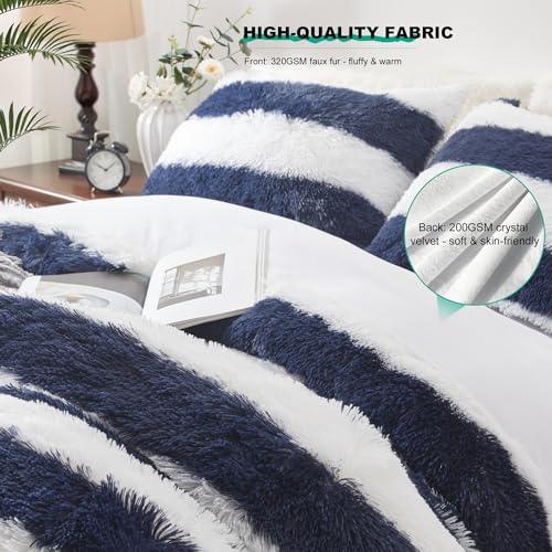 Newspin Plush Shaggy Duvet Cover Queen,Fluffy Duvet Cover Set, Luxury Ultra Soft Crystal Velvet Bedding Sets 3 pcs(1 Faux Fur Duvet Cover + 2 Pillow Shams) with Zipper Closure(Queen,Navy Blue Striped) - SHOP NO2CO2