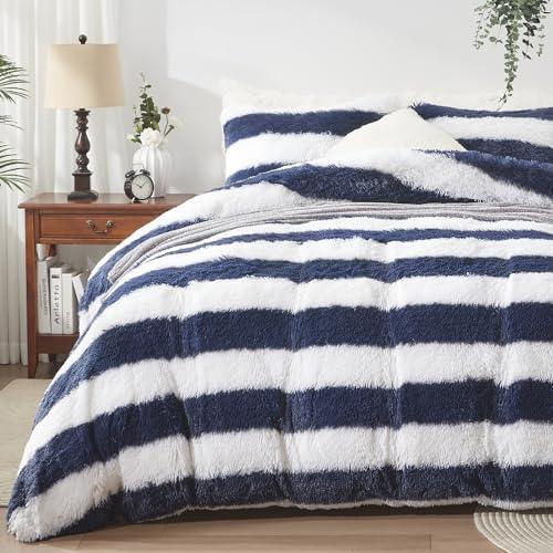 Newspin Plush Shaggy Duvet Cover Queen,Fluffy Duvet Cover Set, Luxury Ultra Soft Crystal Velvet Bedding Sets 3 pcs(1 Faux Fur Duvet Cover + 2 Pillow Shams) with Zipper Closure(Queen,Navy Blue Striped) - SHOP NO2CO2