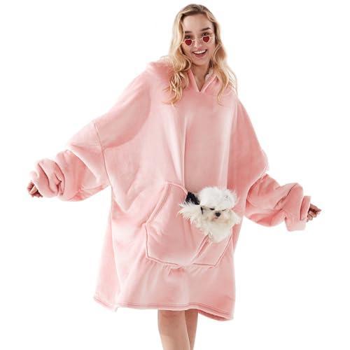 Newspin Thick Wearable Blanket Hoodie, Oversized Sherpa Wearable Blanket with Giant Pocket, Warm & Cozy Blanket Hoodie as Ideal Gift Hoodie Sweatshirt Blanket for Women Men, One Size Fits All - Pink - SHOP NO2CO2