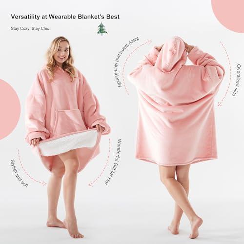 Newspin Thick Wearable Blanket Hoodie, Oversized Sherpa Wearable Blanket with Giant Pocket, Warm & Cozy Blanket Hoodie as Ideal Gift Hoodie Sweatshirt Blanket for Women Men, One Size Fits All - Pink - SHOP NO2CO2