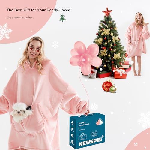 Newspin Thick Wearable Blanket Hoodie, Oversized Sherpa Wearable Blanket with Giant Pocket, Warm & Cozy Blanket Hoodie as Ideal Gift Hoodie Sweatshirt Blanket for Women Men, One Size Fits All - Pink - SHOP NO2CO2