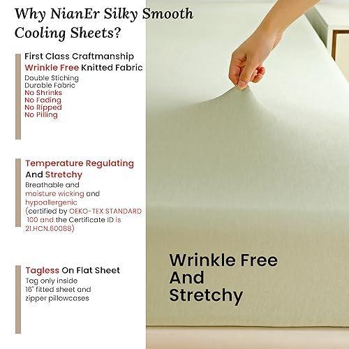 NianEr Luxury Soft Stretchy Silky Smooth Knitted Cooling Bedding Sheet Sets for Hot Sleepers Zipper Pillowcases 16 Inch Deep Pocket Bed Fitted Sheet, 4 Peices, Queen, Sage Green - SHOP NO2CO2