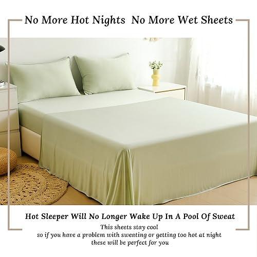 NianEr Luxury Soft Stretchy Silky Smooth Knitted Cooling Bedding Sheet Sets for Hot Sleepers Zipper Pillowcases 16 Inch Deep Pocket Bed Fitted Sheet, 4 Peices, Queen, Sage Green - SHOP NO2CO2