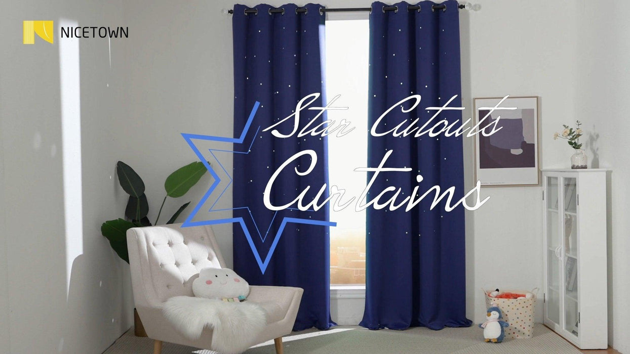 NICETOWN Children Blue Blackout Curtain - Hollow Star Space Inspired Night Sky Twinkle Christmas Star Curtain, Window Drape for Bedroom (1 Panel, 52 x 63 inches Panel, Navy Blue) - SHOP NO2CO2