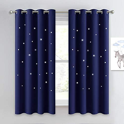 NICETOWN Children Blue Blackout Curtain - Hollow Star Space Inspired Night Sky Twinkle Christmas Star Curtain, Window Drape for Bedroom (1 Panel, 52 x 63 inches Panel, Navy Blue) - SHOP NO2CO2