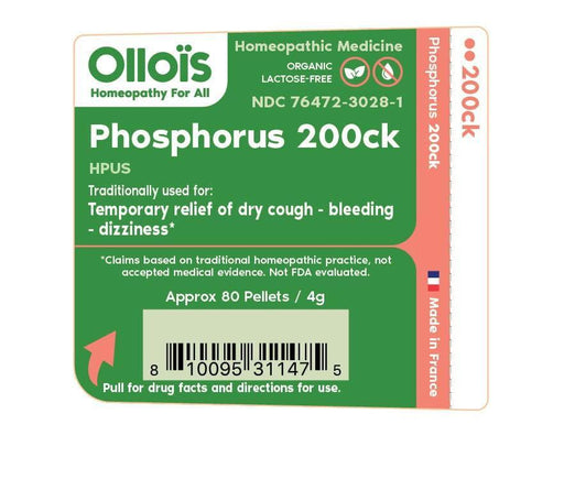 OLLOIS Phosphorus 200ck Organic & Lactose-Free Homeopathic Medicine, 80 Pellets (Pack of 1) - SHOP NO2CO2