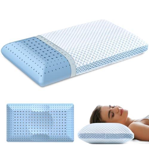 Olumoon Memory Foam Pillows - Cooling Pillow for Pain Relief Sleeping, Neck Pillow with Dual-Sided Washable Cover, Breathable Bed Pillows for Side, Back, Stomach Sleepers (White & Blue) - SHOP NO2CO2