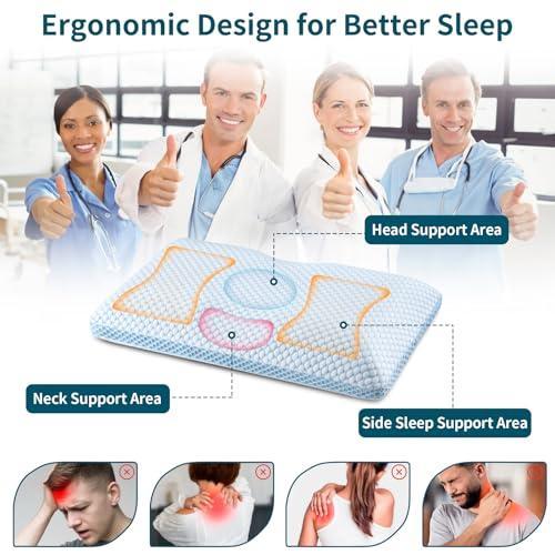 Olumoon Memory Foam Pillows - Cooling Pillow for Pain Relief Sleeping, Neck Pillow with Dual-Sided Washable Cover, Breathable Bed Pillows for Side, Back, Stomach Sleepers (White & Blue) - SHOP NO2CO2