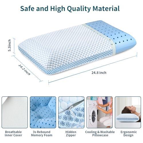 Olumoon Memory Foam Pillows - Cooling Pillow for Pain Relief Sleeping, Neck Pillow with Dual-Sided Washable Cover, Breathable Bed Pillows for Side, Back, Stomach Sleepers (White & Blue) - SHOP NO2CO2