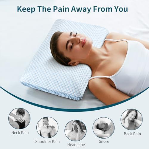 Olumoon Memory Foam Pillows - Cooling Pillow for Pain Relief Sleeping, Neck Pillow with Dual-Sided Washable Cover, Breathable Bed Pillows for Side, Back, Stomach Sleepers (White & Blue) - SHOP NO2CO2