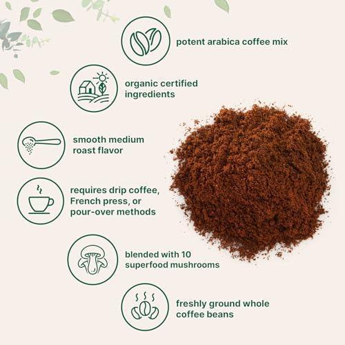 Organic 10 in 1 Ground Mushroom Coffee, 24 Ounce | Premium Arabica Coffee with Lion’s Mane, Chaga, Reishi, & More | Smooth Medium Roast, Clean Energy, & Immune Support - SHOP NO2CO2