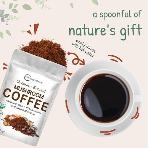 Organic 10 in 1 Ground Mushroom Coffee, 24 Ounce | Premium Arabica Coffee with Lion’s Mane, Chaga, Reishi, & More | Smooth Medium Roast, Clean Energy, & Immune Support - SHOP NO2CO2