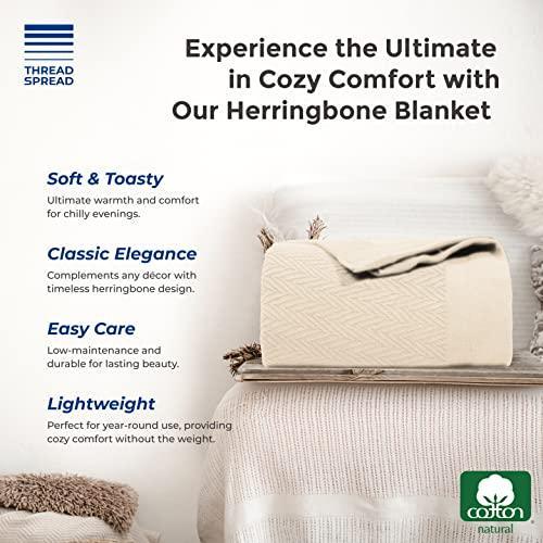 Organic GOTS Certified Cotton Blanket, Twin/Twin XL - 350 GSM, Antistatic, Fuzzy Soft, Lightweight, Sofa, Camping & Travel, All-Season Herringbone Throw, Ivory/Cream + Stylish Bonus Tote Bag - SHOP NO2CO2