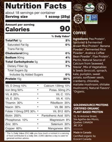 Organic Plant Based Protein Powder from GoldenSource Proteins, Coffee, Vegan protein powder, Organic Pea protein and Brown Rice, Low Net Carbs, Non GMO, Dairy free, 18 Servings - SHOP NO2CO2