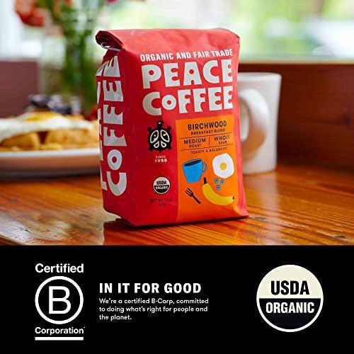 Peace Coffee Birchwood Breakfast Blend | 20 oz Ground Medium Roast | Organic Fair Trade Coffee |Smooth, Mild flavor | Sumatra & Peru Origins | Shade Grown, Fresh Roasted - SHOP NO2CO2