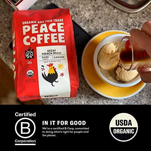 Peace Coffee Decaf French Roast | 20 oz Ground Dark Roast | Organic Fair Trade Coffee | Rich, Bold flavor | Mountain Water Process Style | Peru | Shade Grown, Fresh Roasted - SHOP NO2CO2