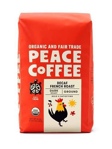 Peace Coffee Decaf French Roast | 20 oz Ground Dark Roast | Organic Fair Trade Coffee | Rich, Bold flavor | Mountain Water Process Style | Peru | Shade Grown, Fresh Roasted - SHOP NO2CO2