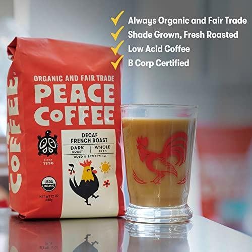 Peace Coffee Decaf French Roast | 20 oz Ground Dark Roast | Organic Fair Trade Coffee | Rich, Bold flavor | Mountain Water Process Style | Peru | Shade Grown, Fresh Roasted - SHOP NO2CO2