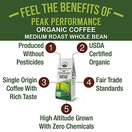 Peak Performance High Altitude Organic Coffee. Fair Trade, Low Acid, Non GMO, and Beans Full Of Antioxidants! Medium Roast Smooth Tasting USDA Certified Organic Whole Bean Coffee Bag - SHOP NO2CO2