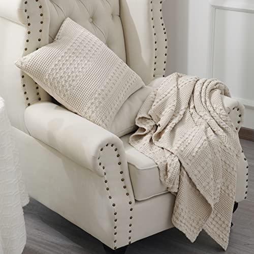 PHF 100% Cotton Waffle Weave Throw Blanket - Washed Soft Lightweight Blanket for All Season - Breathable and Skin-Friendly Blanket for Couch Bed Sofa 50"x60"- Natural/Linen - SHOP NO2CO2