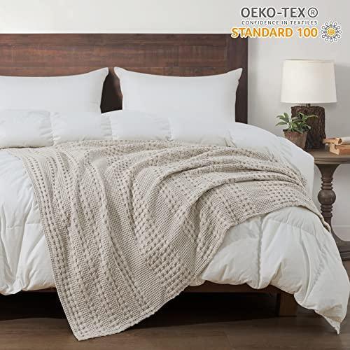 PHF 100% Cotton Waffle Weave Throw Blanket - Washed Soft Lightweight Blanket for All Season - Breathable and Skin-Friendly Blanket for Couch Bed Sofa 50"x60"- Natural/Linen - SHOP NO2CO2