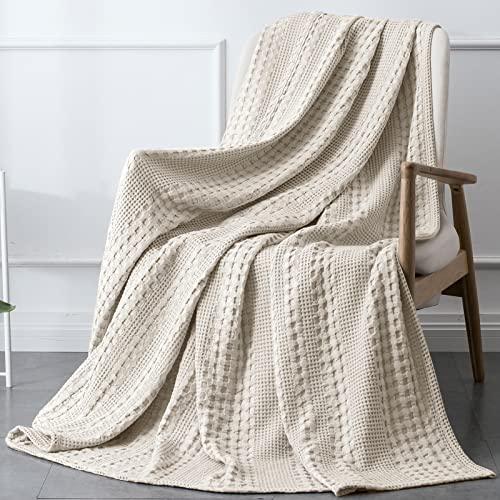 PHF 100% Cotton Waffle Weave Throw Blanket - Washed Soft Lightweight Blanket for All Season - Breathable and Skin-Friendly Blanket for Couch Bed Sofa 50"x60"- Natural/Linen - SHOP NO2CO2