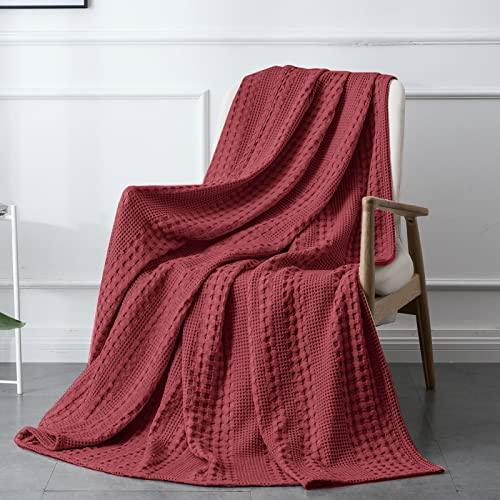 PHF 100% Cotton Waffle Weave Throw Blanket - Washed Soft Lightweight Blanket for All Season - Breathable and Skin-Friendly Blanket for Couch Bed Sofa 50"x60"- Wine Red - SHOP NO2CO2