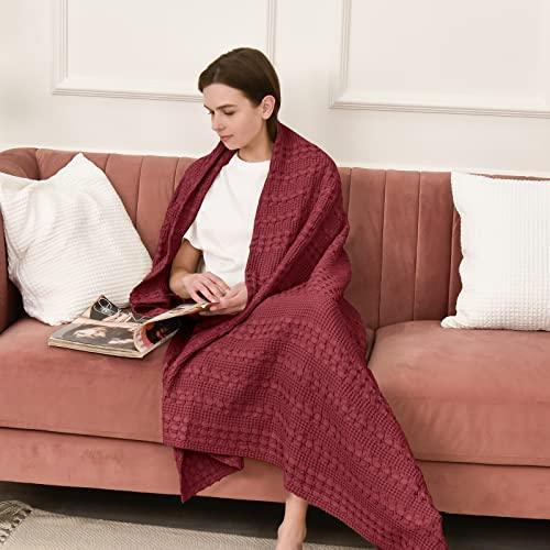 PHF 100% Cotton Waffle Weave Throw Blanket - Washed Soft Lightweight Blanket for All Season - Breathable and Skin-Friendly Blanket for Couch Bed Sofa 50"x60"- Wine Red - SHOP NO2CO2