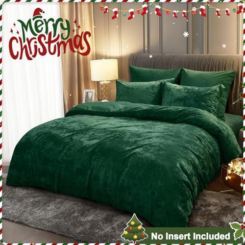 PHF Truly Velvet Duvet Cover Set Queen Size, 3pcs Ultra Soft Breathable Comforter Cover Set, Christmas Luxury Cozy Flannel Duvet Cover with Pillow Shams Bedding Collection, 90" x 90", Emerald Green - SHOP NO2CO2