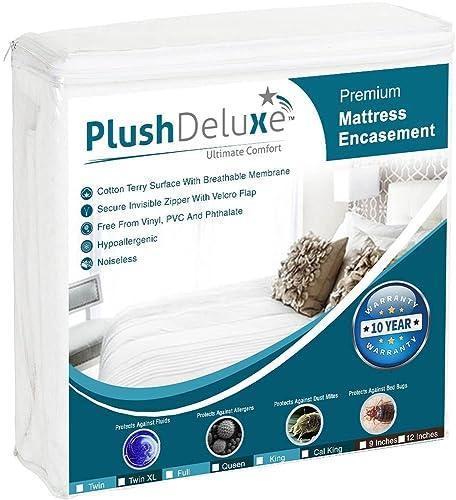 PlushDeluxe Premium Mattress Encasement - Zippered Waterproof BedCover, 6-Sided Protection - Hypoallergenic Terry Fabric - Protects Against Dust, Critters - [12-15"] Depth, Full Size - SHOP NO2CO2