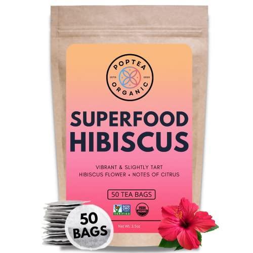 PopTea Organic | Organic Superfood Hibiscus Tea Bags (50 Count) | Non-GMO | Caffeine Free | Eco-Conscious Tea Bags | Superfood Herbal Tea | Serves Up To 100 Cups - SHOP NO2CO2