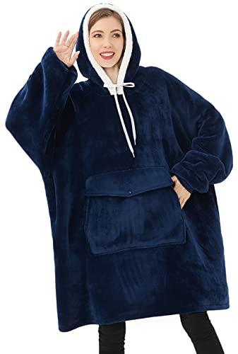 Qeils Oversized Wearable Blanket Hoodie, Comfy Sherpa Sweatshirt Pullover Jacket(Navy,Adult) - SHOP NO2CO2