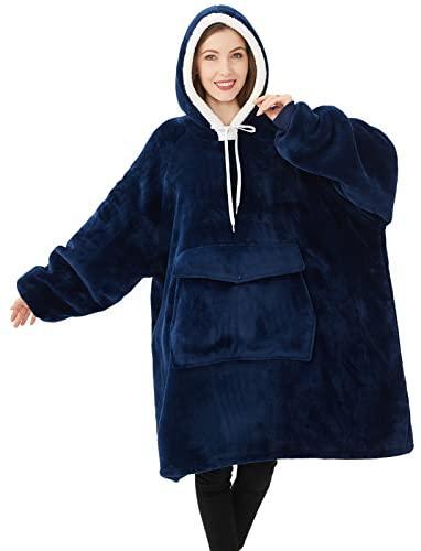 Qeils Oversized Wearable Blanket Hoodie, Comfy Sherpa Sweatshirt Pullover Jacket(Navy,Adult) - SHOP NO2CO2