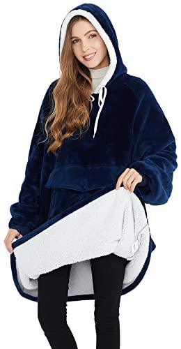 Qeils Oversized Wearable Blanket Hoodie, Comfy Sherpa Sweatshirt Pullover Jacket(Navy,Adult) - SHOP NO2CO2