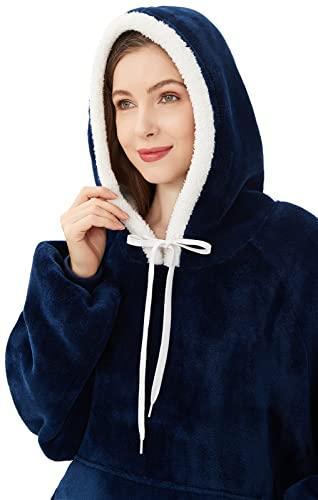 Qeils Oversized Wearable Blanket Hoodie, Comfy Sherpa Sweatshirt Pullover Jacket(Navy,Adult) - SHOP NO2CO2