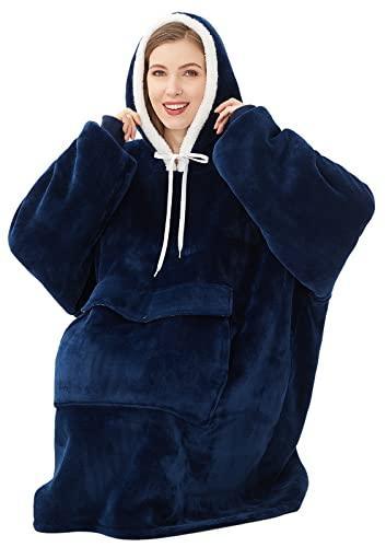 Qeils Oversized Wearable Blanket Hoodie, Comfy Sherpa Sweatshirt Pullover Jacket(Navy,Adult) - SHOP NO2CO2